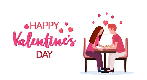 Pareja comiendo espaguetis juntos feliz día de San Valentín cena concepto hombre mujer disfrutando de la tarjeta de felicitación de alimentos aislado horizontal plana — Vector de stock