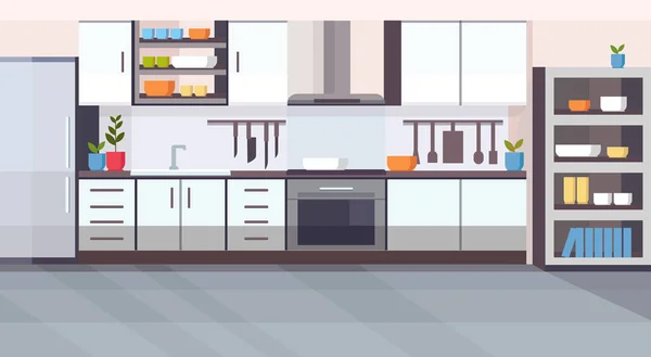 Desain interior dapur modern kosong tidak ada ruang orang dengan peralatan kontemporer horizontal datar - Stok Vektor