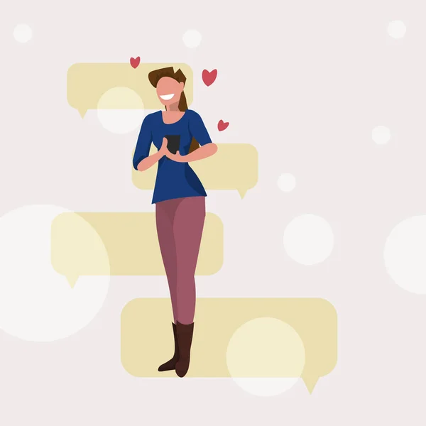 Wanita menggunakan ponsel chat bubble komunikasi bahagia valentine hari konsep gadis mengetik pesan aplikasi mobile percakapan percakapan perempuan karakter panjang penuh terisolasi - Stok Vektor