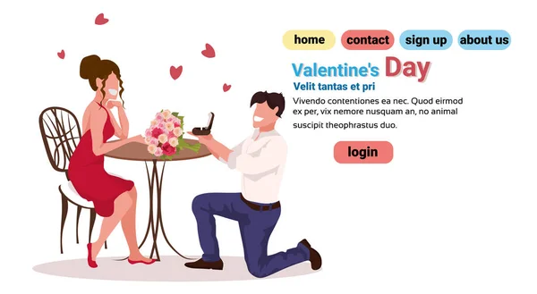 Hombre de rodillas celebración anillo de compromiso proponiendo a la mujer casarse con él feliz día de San Valentín concepto de pareja en el amor matrimonio ofrecen caracteres de longitud completa espacio de copia horizontal — Archivo Imágenes Vectoriales