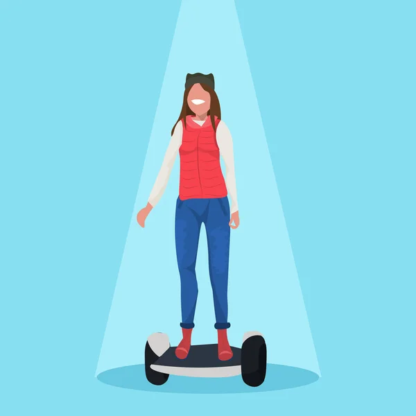 Happy woman riding electric scooter girl standing on modern personal transport concept female cartoon character flat — Stockvector