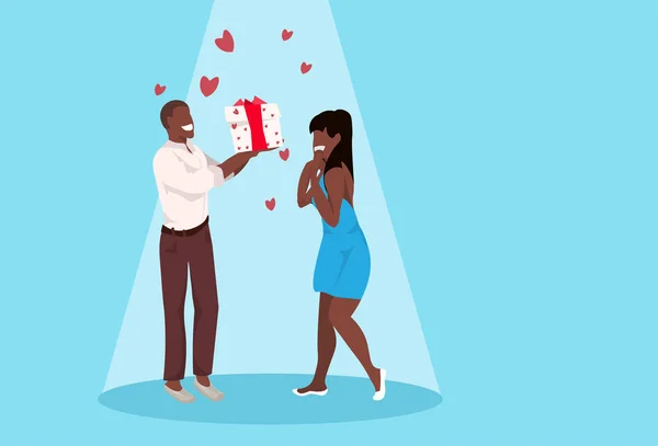 Man giving woman gift box wrapped surprise happy valentines day holiday concept african american couple in love over heart shapes female male full length characters horizontal vector illustration — 스톡 벡터