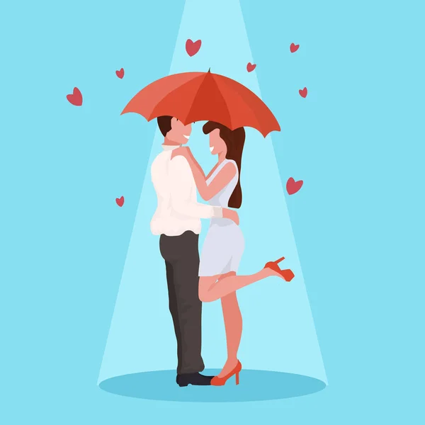Pasangan memeluk di bawah payung bahagia valentine hari merayakan konsep wanita laki-laki bersenang-senang kekasih muda atas bentuk hati datar panjang - Stok Vektor