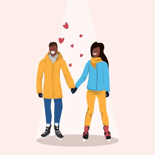 Pár bruslení ledu stadion šťastný valentines den koncept afroamerické muže žena nosí zimní oblečení drží za ruce ženské mužské kreslené postavy po celé délce bytu — Stockový vektor