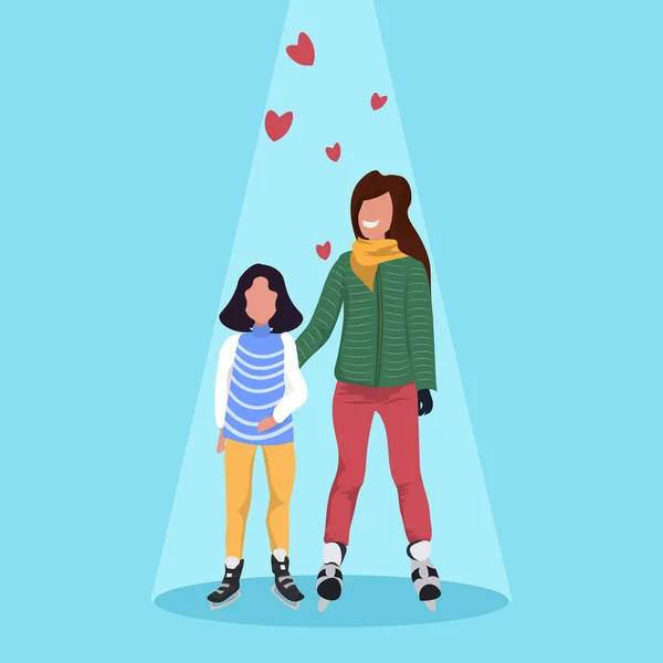 Mother and daughter skating ice rink happy girls wearing winter clothes holding hands holiday activities concept female cartoon characters full length flat — Stockový vektor