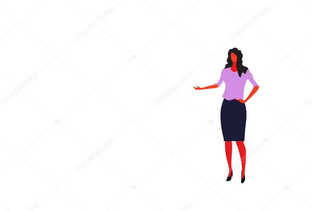 brunette businesswoman pointing hand something female office worker business woman standing pose full length character flat horizontal isolated