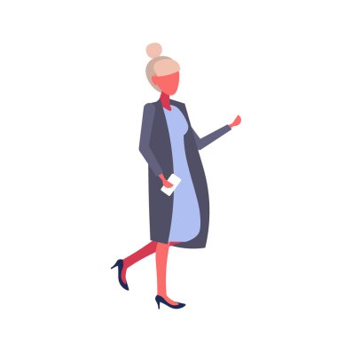 izole işkadını giyiyor kat Smartphone tam uzunlukta kadın çizgi film karakteri düz tutarak el jest iş kadın işaret