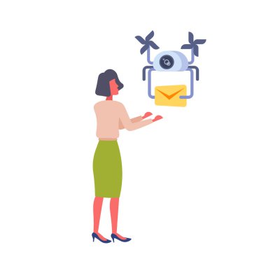 kadın Başlarken Kağıt zarf Mesaj parsel dron teslim hizmet kavramı hızlı hava taşımacılığı işkadını posta alıcısı düz izole