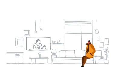 adam giyen kış giysileri tv günlük haber programı oturma evde kanepe izlerken modern oturma odası iç düz doodle yatay