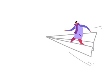 origami kağıt uçak iş liderlik yön kavramı casual adam uçak kroki doodle yatay vektör çizim üzerinde duran uçan kış giysileri giyen adam