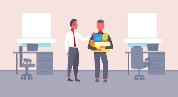 Jefe de bienvenida nuevo empleado vacante de trabajo con cosas caja de cartón cómodo lugar de trabajo oficina interior primer día de trabajo concepto plano horizontal — Vector de stock