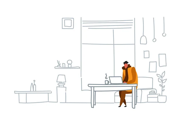 Человек фрилансер с помощью ноутбука сидя на рабочем месте парень рабочий процесс концепция современного офиса или гостиной интерьера эскиз каракули горизонтальный — стоковый вектор