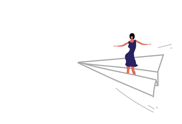 Affärskvinna flygande origami papper planet business kvinna ledarskap riktning konceptet flicka stående på flygplan skiss doodle horisontell — Stock vektor