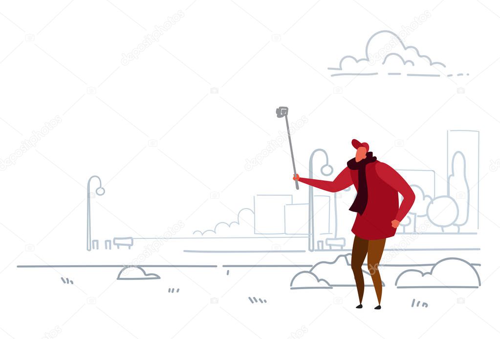 man taking selfie photo on smart phone camera modern city urban park casual guy holding self stick sketch doodle horizontal