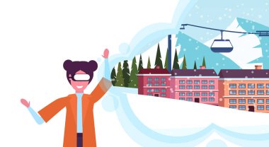 Dijital gözlük sanal gerçeklik ski resort otel giyen kadın teleferik telesiyej kış tatil karlı dağlar manzara vizyon kulaklık kavramı kadın portre yatay evler