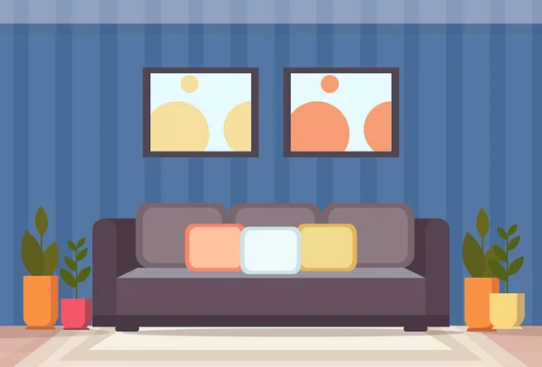 Σύγχρονο σπίτι σαλόνι εσωτερικό σχεδιασμό κενό χωρίς διαμέρισμα άτομα με καναπέ φυτά σπίτι διακόσμηση επίπεδης και οριζόντιας — Διανυσματικό Αρχείο