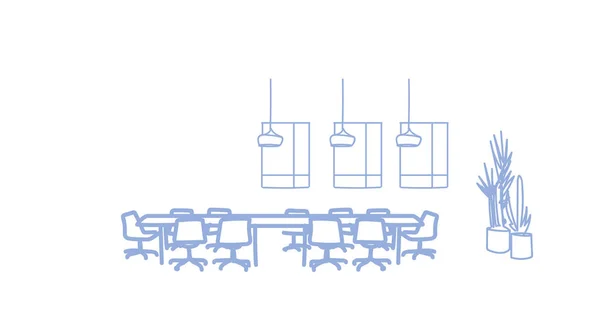 Бизнес-коворкинг открытое пространство современный конференц-зал круглый стол для совещаний офис интерьер пустой нет людей комната эскиз каракули горизонтальный — стоковый вектор