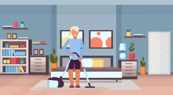 Vac 現代ホーム アパート リビング ルーム インテリア フラット全長水平を使用して掃除人とクリーニングの寝室の床を男します。 — ストックベクタ