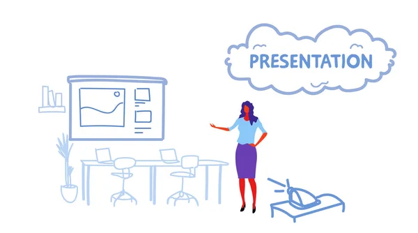 Elegante mujer de negocios muestra presentación mujer de negocios apuntando pantalla del proyector con gráfico moderno oficina interior boceto doodle vector horizontal ilustración — Vector de stock