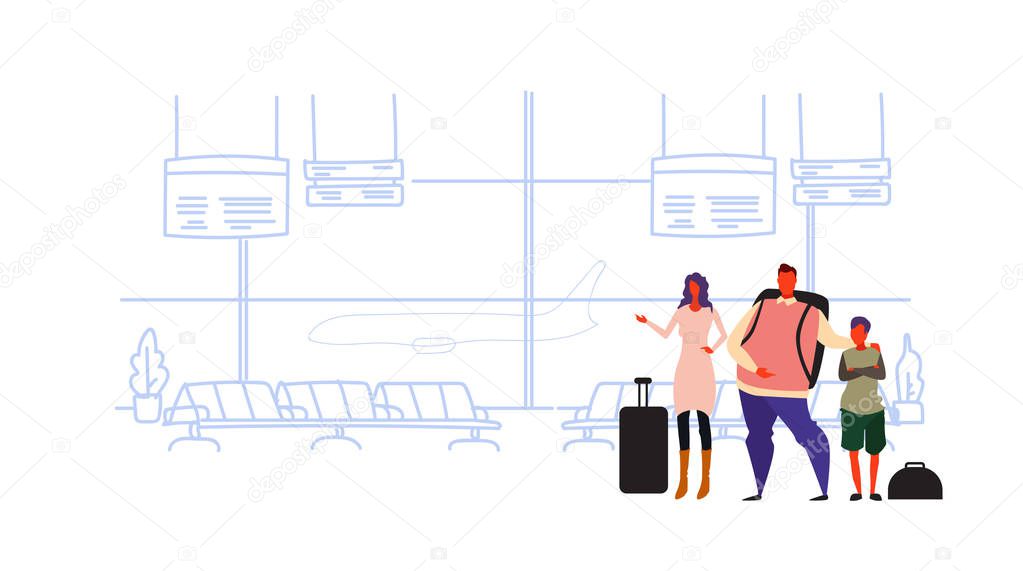 family travelers passengers in airport at waiting hall departure lounge interior father mother and son standing together with baggage sketch doodle horizontal vector illustration