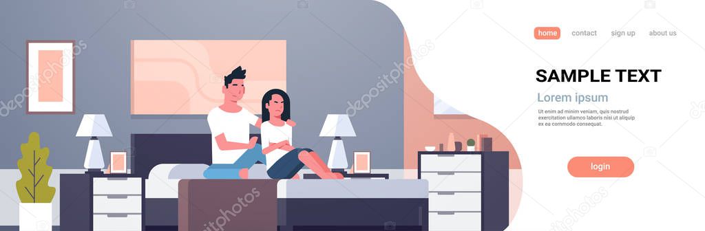 upset disappointed girlfriend feels offended couple sitting in bed worried bad relationship problem concept modern bedroom interior flat horizontal banner copy space