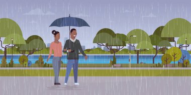 aşık çift şemsiye Afro-Amerikan erkek kadın romantik yürüyüş altında şehir kentsel park manzara arka plan tam uzunlukta karakter düz yatay yağmur