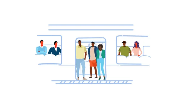 Mix verseny emberek utasok vonat, metró autó város tömegközlekedési földalatti villamos kiütés óra koncepció vázlatot doodle férfi női rajzfilmfigurák vízszintes — Stock Vector