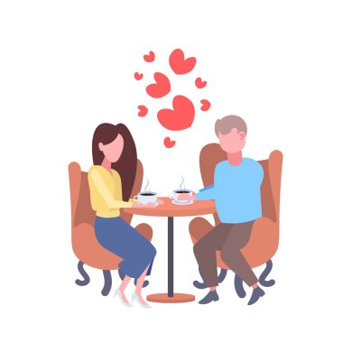 Cafe masa kahve mutlu sevgililer günü kavramı adam kadın kırmızı kalp şekilleri üzerinde İçme oturan çift aşık erkek kadın karakterleri tam uzunlukta düz izole dating seviyorum