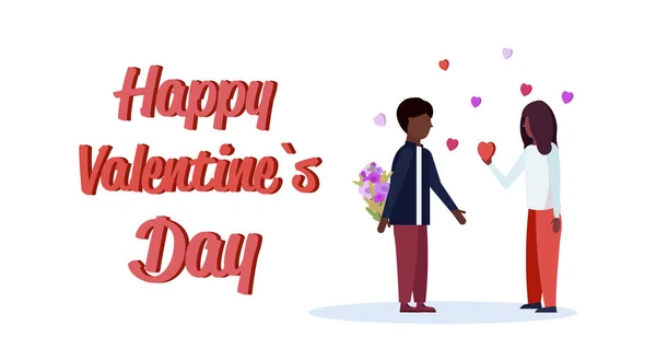 Petit ami cachant bouquet de fleurs derrière le dos couple amoureux heureux Saint Valentin concept homme afro-américain femme amoureux sur les formes de coeur carte de vœux horizontale — Image vectorielle