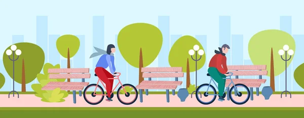 Пара їзда на велосипеді здоровий спосіб життя концепція чоловік жінка їзда на велосипеді святкові заходи міський парк міський пейзаж фон горизонтальний банер квартира — стоковий вектор