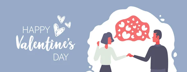 Verliebte Paare halten Hände Herzformen Chat Blase Kommunikation glücklich Valentinstag Konzept Mann Frau Liebhaber Chat Porträt Grußkarte horizontal flach — Stockvektor