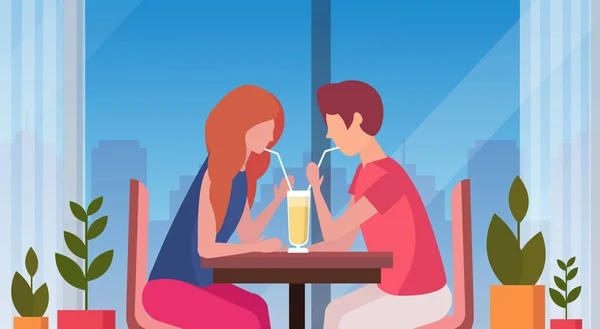 Couple drinking coffee through straw together happy valentines day concept man woman in love romantic dating modern restaurant interior horizontal portrait flat — Stock Vector