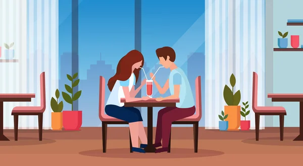 Çift birlikte saman kahve içme mutlu sevgililer günü aşk modern restoran iç yatay tam uzunlukta düz kalma Romantik adam kadın kavramı — Stok Vektör