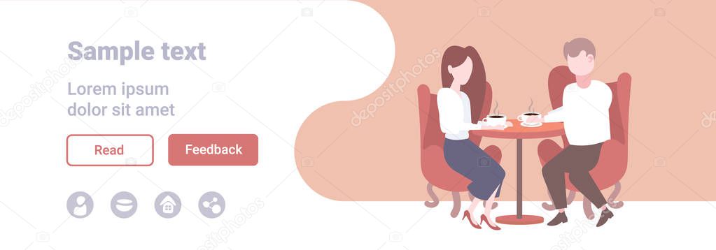 couple lovers sitting cafe table drinking love dating concept man woman spending time together male female characters full length flat horizontal copy space