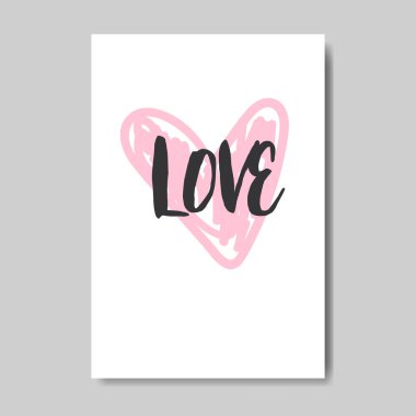 tebrik kartı mutlu sevgililer günü kavramı pembe kalp şekli el çizilmiş doodle stil kartpostal seviyorum