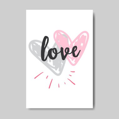 sevgi tebrik kartı mutlu sevgililer günü kavramı pembe kalp şekilleri çizilmiş doodle stil kartpostal el