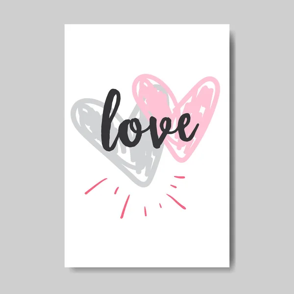 Tarjeta de felicitación de amor feliz día de San Valentín concepto rosa corazón formas dibujado a mano doodle estilo postal — Vector de stock