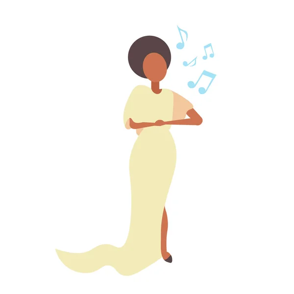 Elegante cantante lirica donna in abito giallo canto karaoke canzoni concerto e concetto di musica femminile personaggio dei cartoni animati full length piatto isolato — Vettoriale Stock