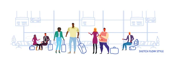 商务人员旅客站在机场候机室候机室内部混合比赛乘客等待与行李素描流动风格水平 — 图库矢量图片