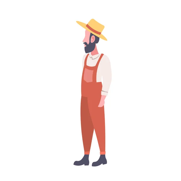 Granjero barbudo vistiendo uniforme y sombrero hombre de campo de pie pose personaje de dibujos animados masculinos longitud completa plana aislada — Vector de stock