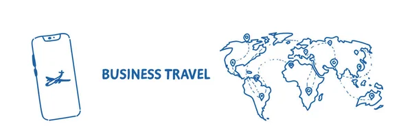 Applicazione mobile concetto di viaggio d'affari agenzia turistica mappa del mondo con perni internazionali che viaggiano in aereo schizzo flusso stile orizzontale — Vettoriale Stock
