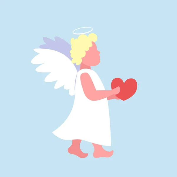 Pequeno valentines anjo cupido segurando vermelho coração feliz dia dos namorados bonito menina voando fêmea personagem de desenho animado completo comprimento plano azul fundo —  Vetores de Stock