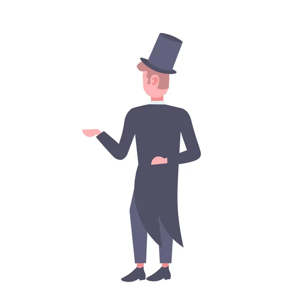 Elegantní muž v obleku a s cylindrem zadní pohled pán stojící pozice mužské kreslený charakter celé délce plochý, samostatný — Stockový vektor