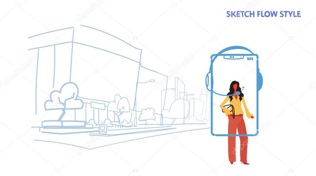 businesswoman operator using headphones mobile application call center worker customer support concept smartphone screen city street cityscape sketch flow style horizontal