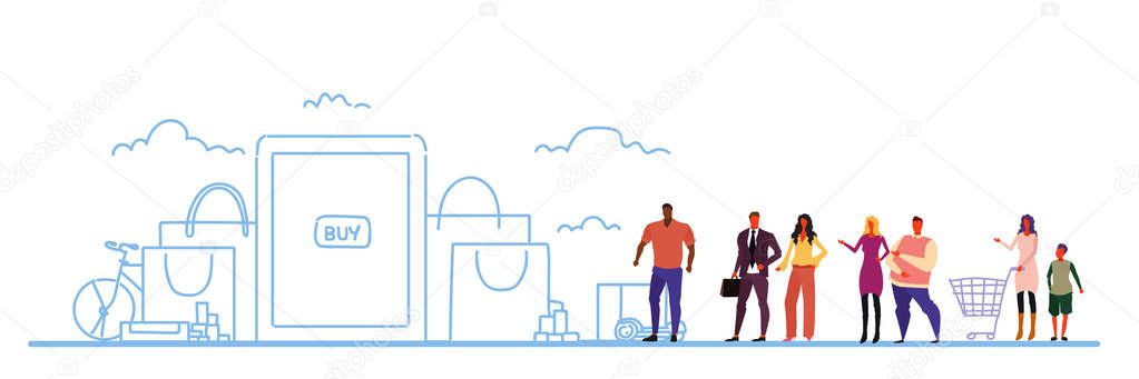 mix race people group online shopping mobile application purchase bags big sale concept special discount offer male female characters full length sketch flow style horizontal vector illustration