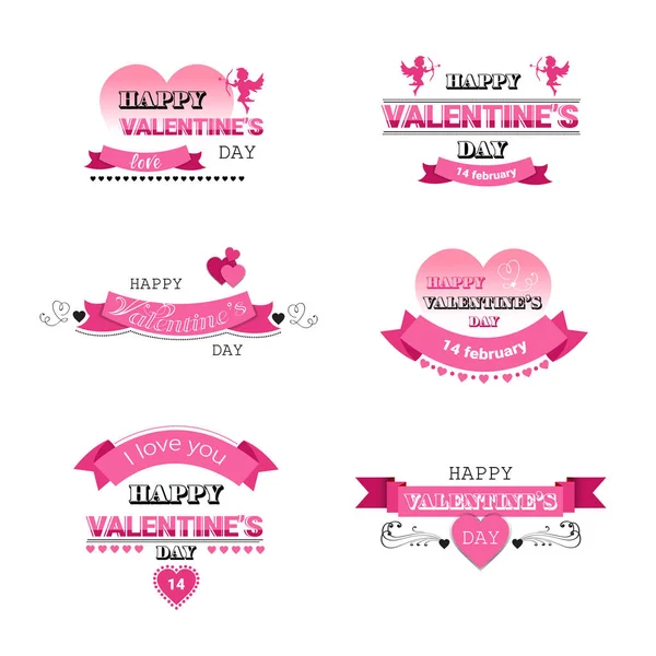 Sette Kjærlighetskort Happy Valentines Day Holiday Concept Pink Amour Cupid – stockvektor