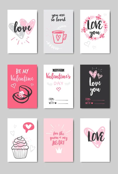 Állítsa be a különböző szerelem képeslapokat boldog Valentin-nap koncepció rózsaszín szív alakú kézzel rajzolt firka stílus képeslap gyűjtemény — Stock Vector