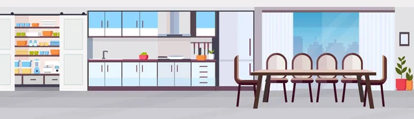 Design van het interieur van de moderne keuken met eethoek gebied panoramisch uitzicht leeg geen mensen horizontale banner plat — Stockvector