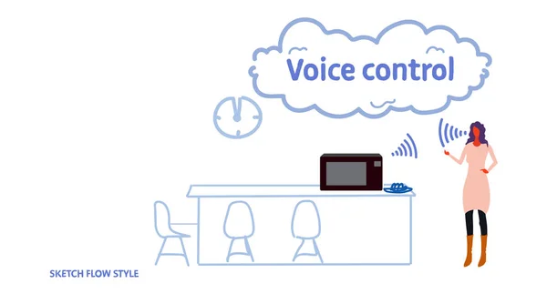 Hogar horno de microondas controlado por la mujer smart tech reconoce comandos concepto de control de voz cocina moderna interior boceto flujo estilo horizontal — Vector de stock