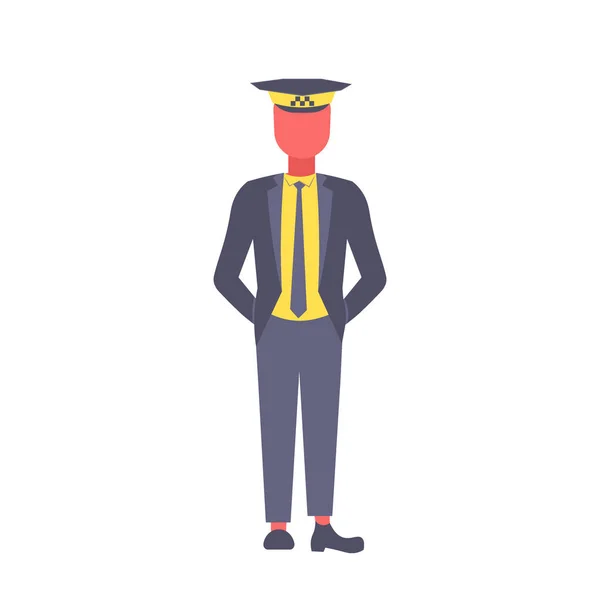 Chauffeur de taxi en uniforme et casquette mâle chauffeur pose debout profession professionnelle concept caricature personnage pleine longueur plat isolé — Image vectorielle